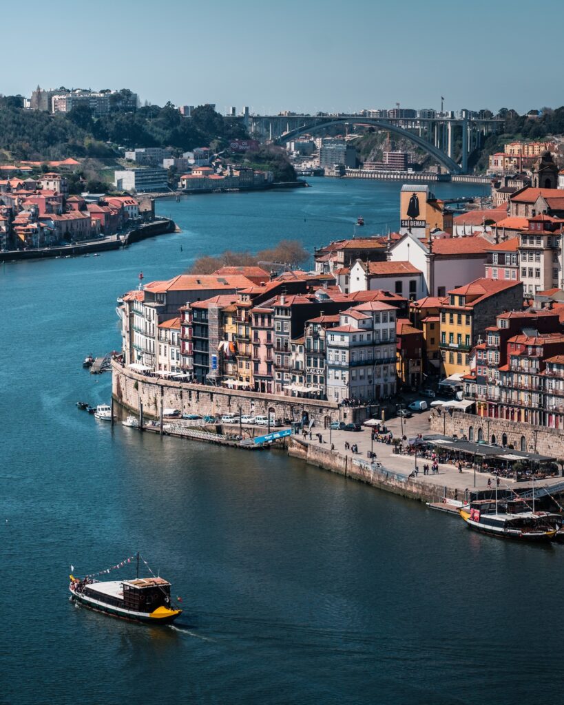High angle shot of Oporto by the river in Portugal